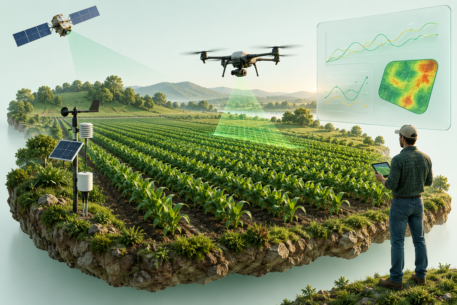 Integrated smart farm with crop rows, a solar-powered field sensor, satellite, drone, analytics and a farmer using a tablet