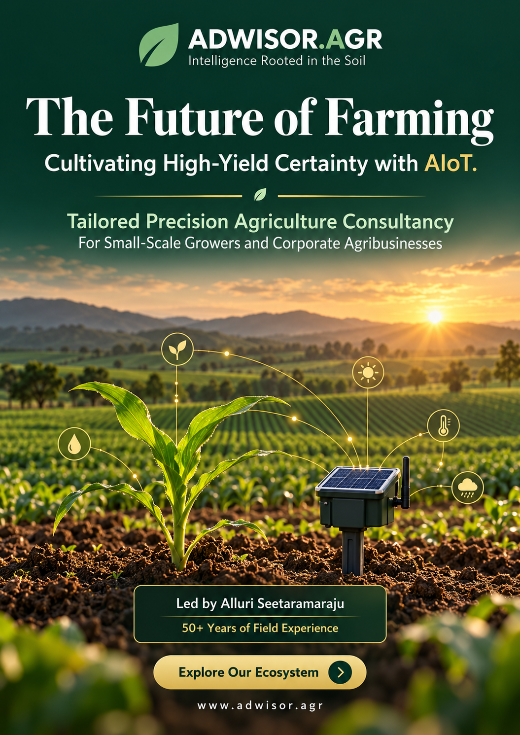 ADWISOR.AGR Future of Farming brand poster showing a crop and solar-powered soil sensor
