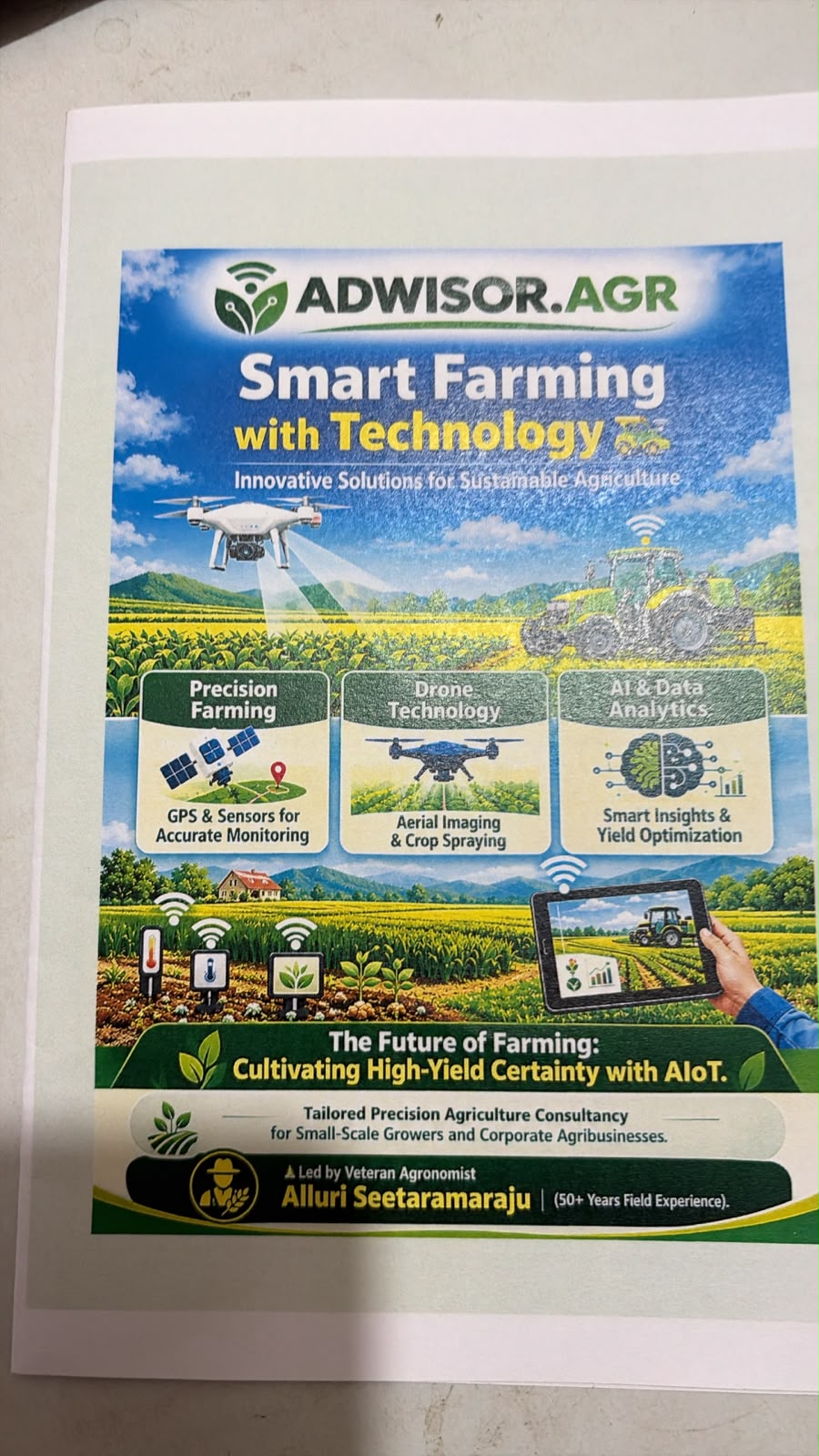 Supplied ADWISOR.AGR smart farming poster featuring a drone, field sensors and analytics